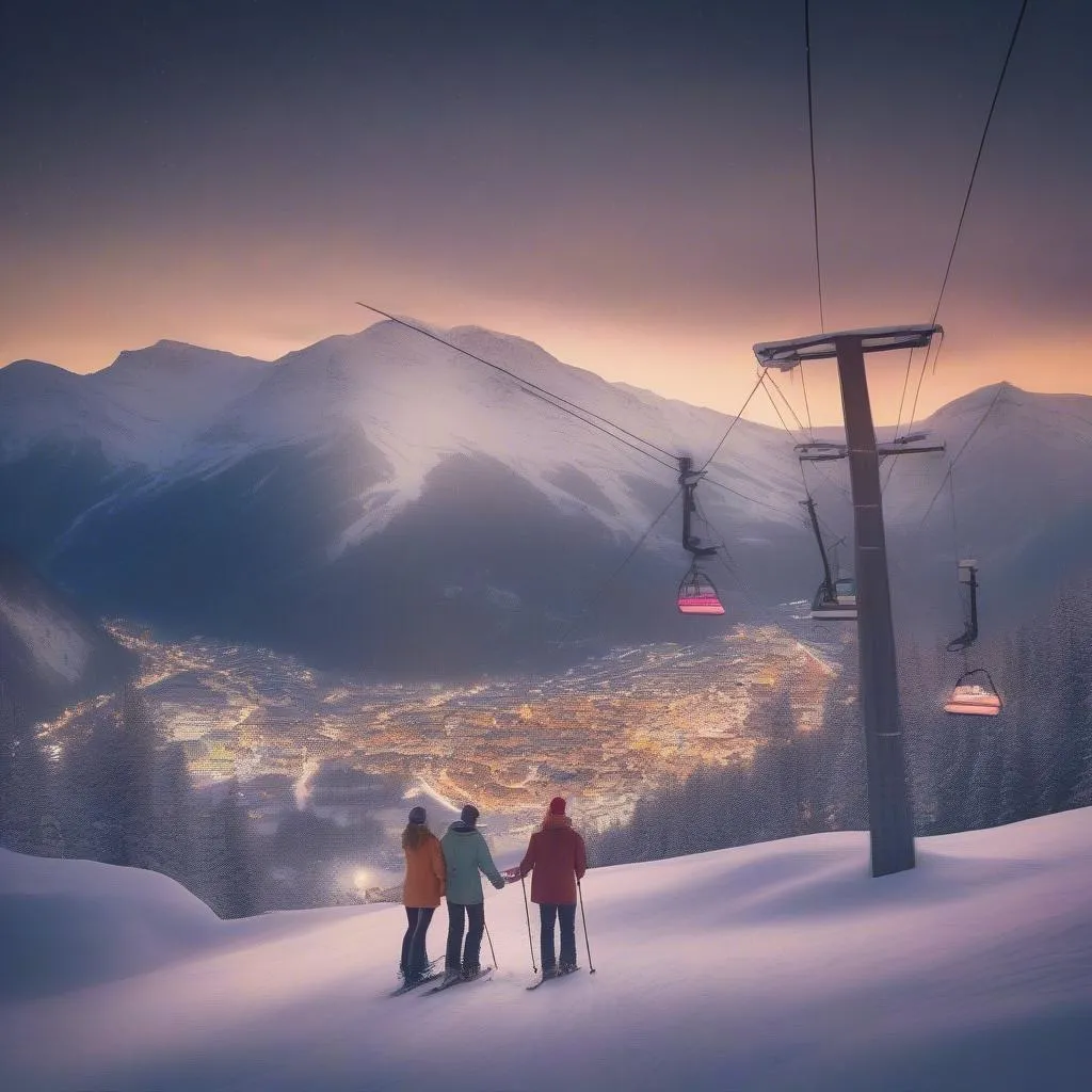 Couple Skiing Down a Mountain Overlooking a Festive Christmas Village