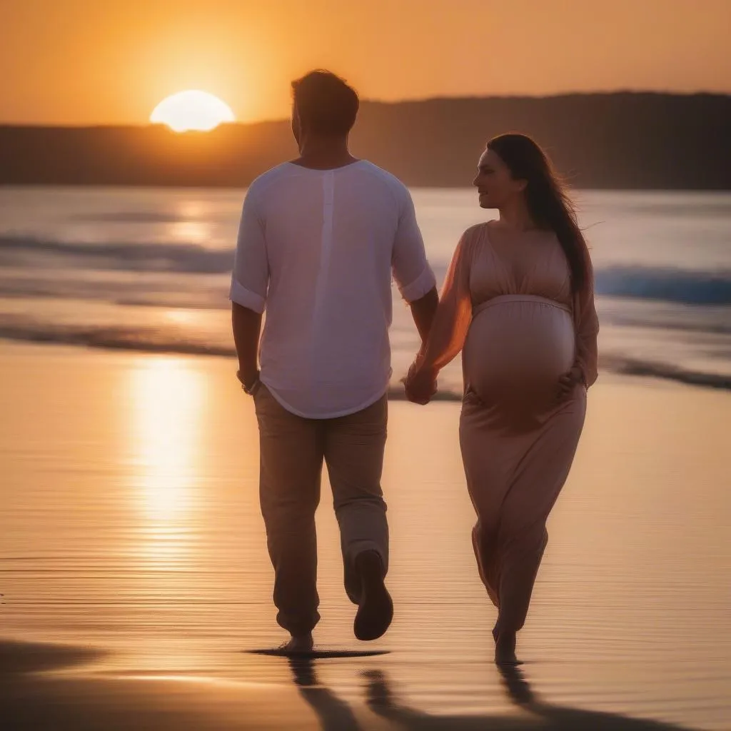 Romantic beach walk at sunset during pregnancy