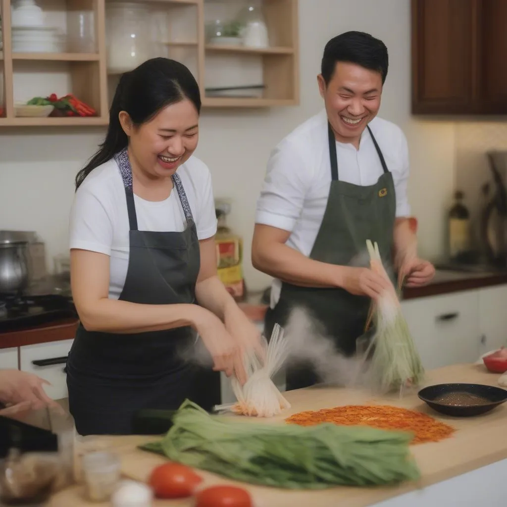 Couple taking a cooking class in Hanoi