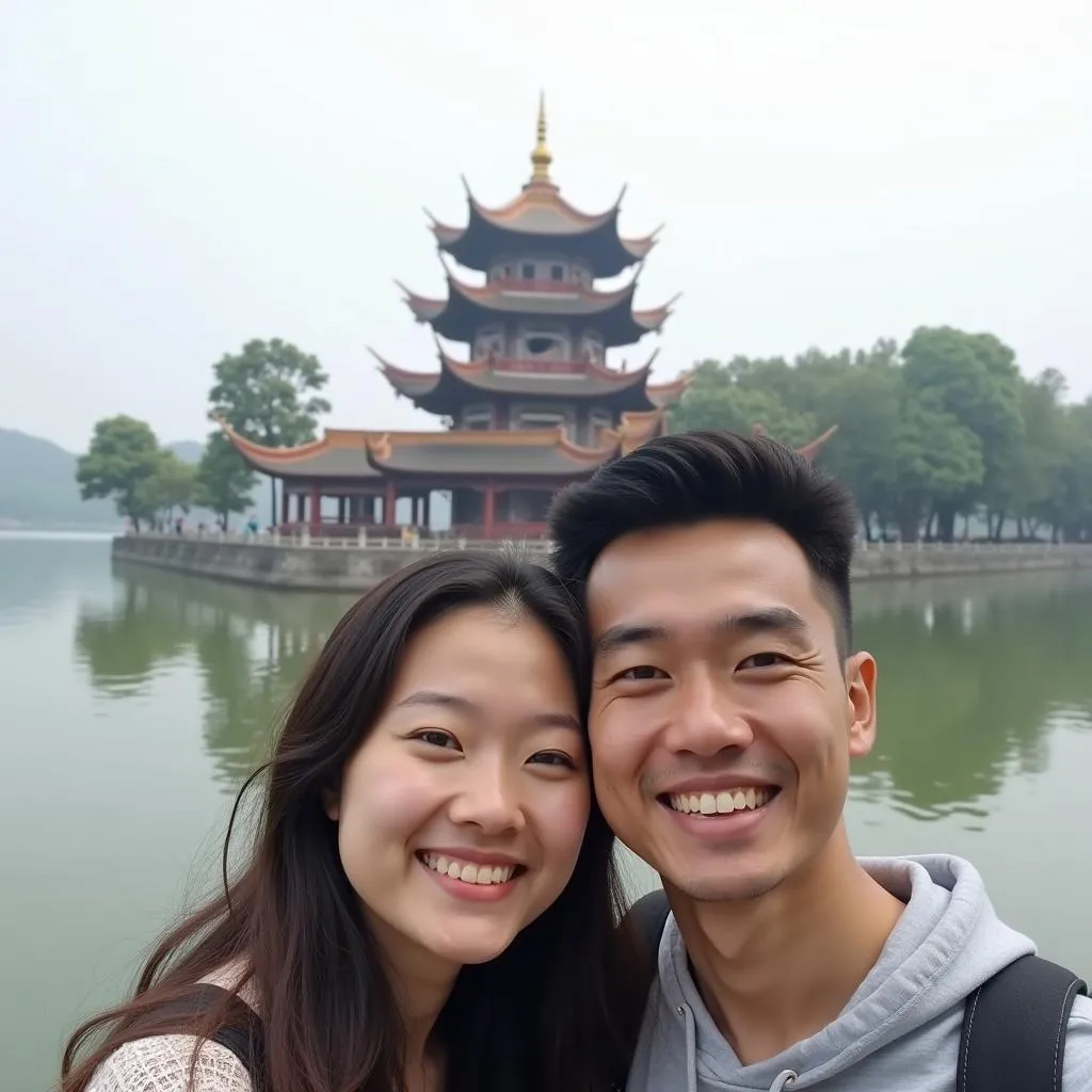 Couple Taking Pictures in Front of Tran Quoc Pagoda