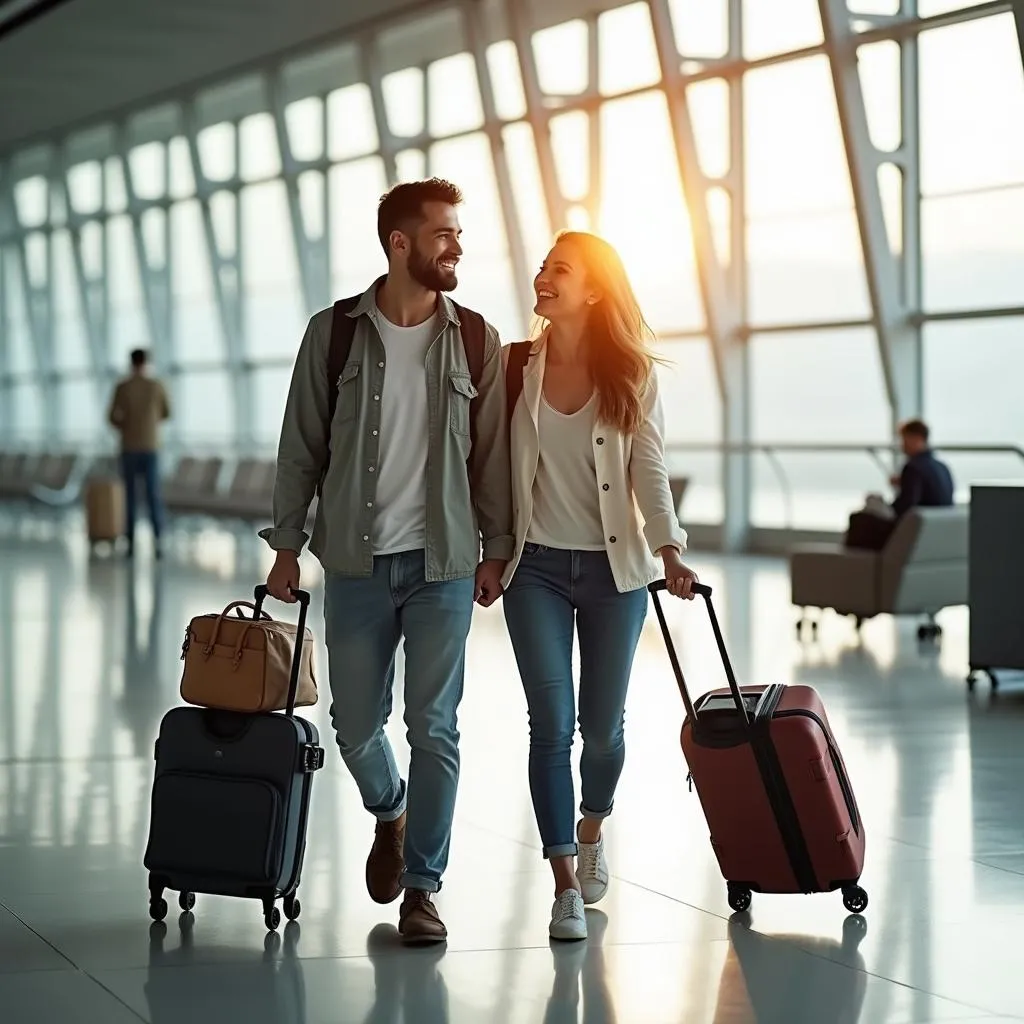 Couple traveling with suitcases