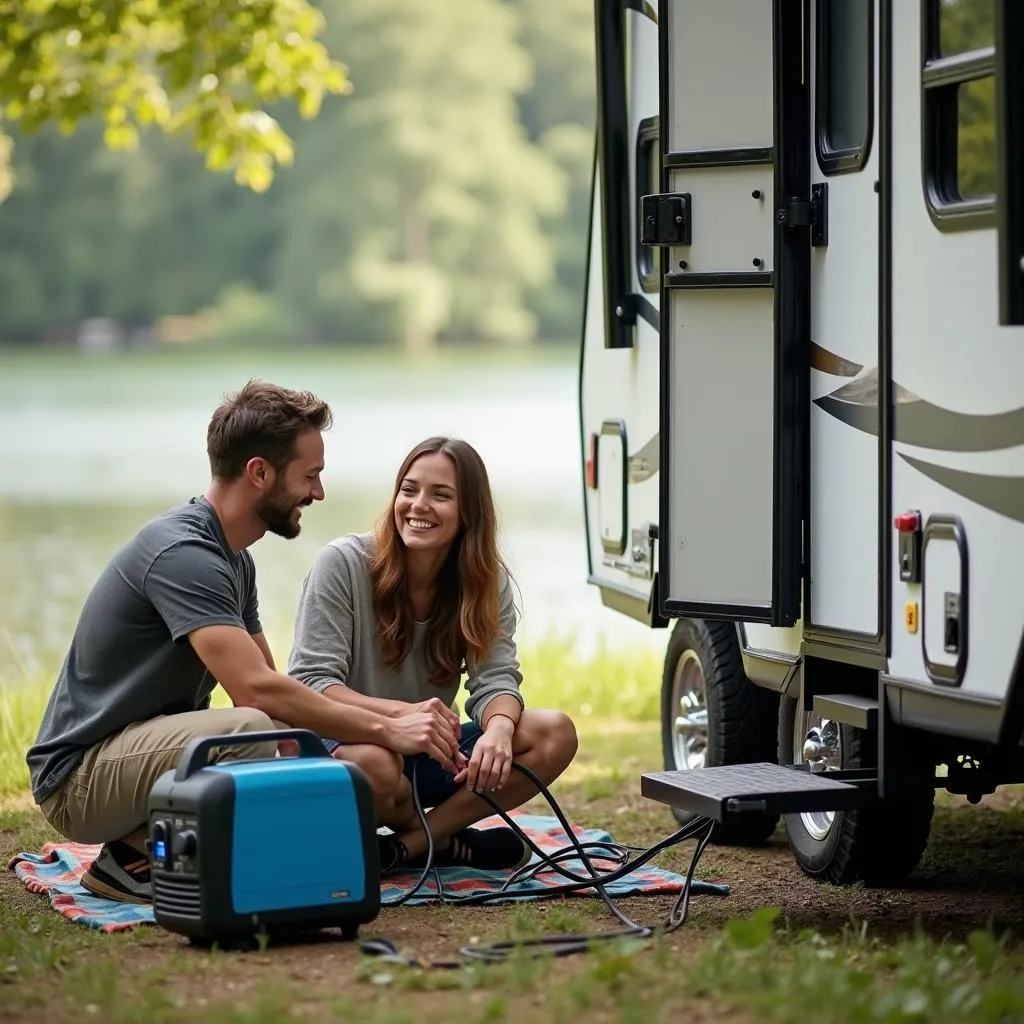 Couple using a portable generator with their travel trailer