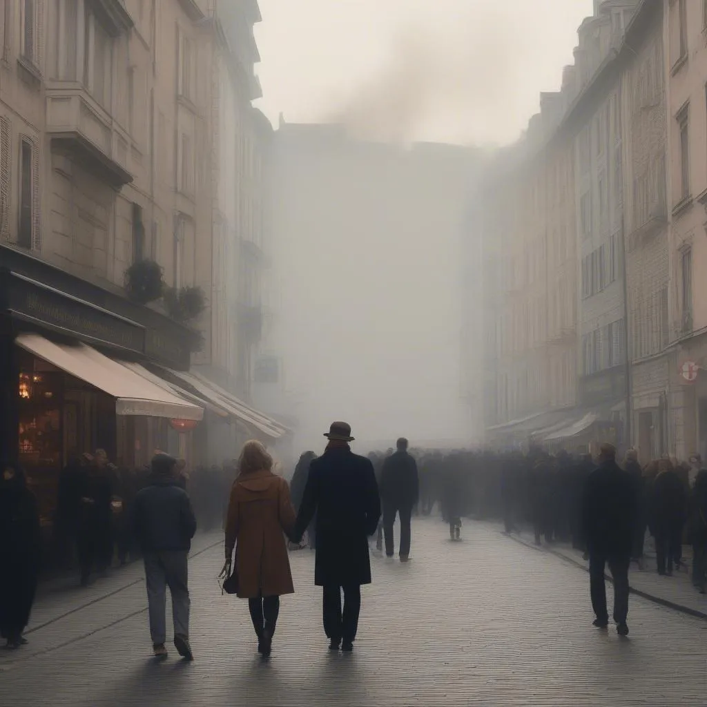 Couple walking through a smoke-filled street