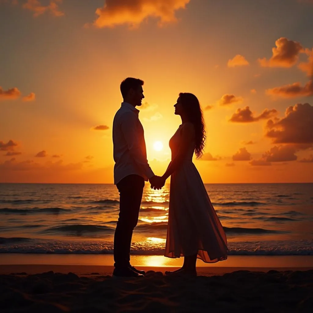 Couple watching the sunset on the beach