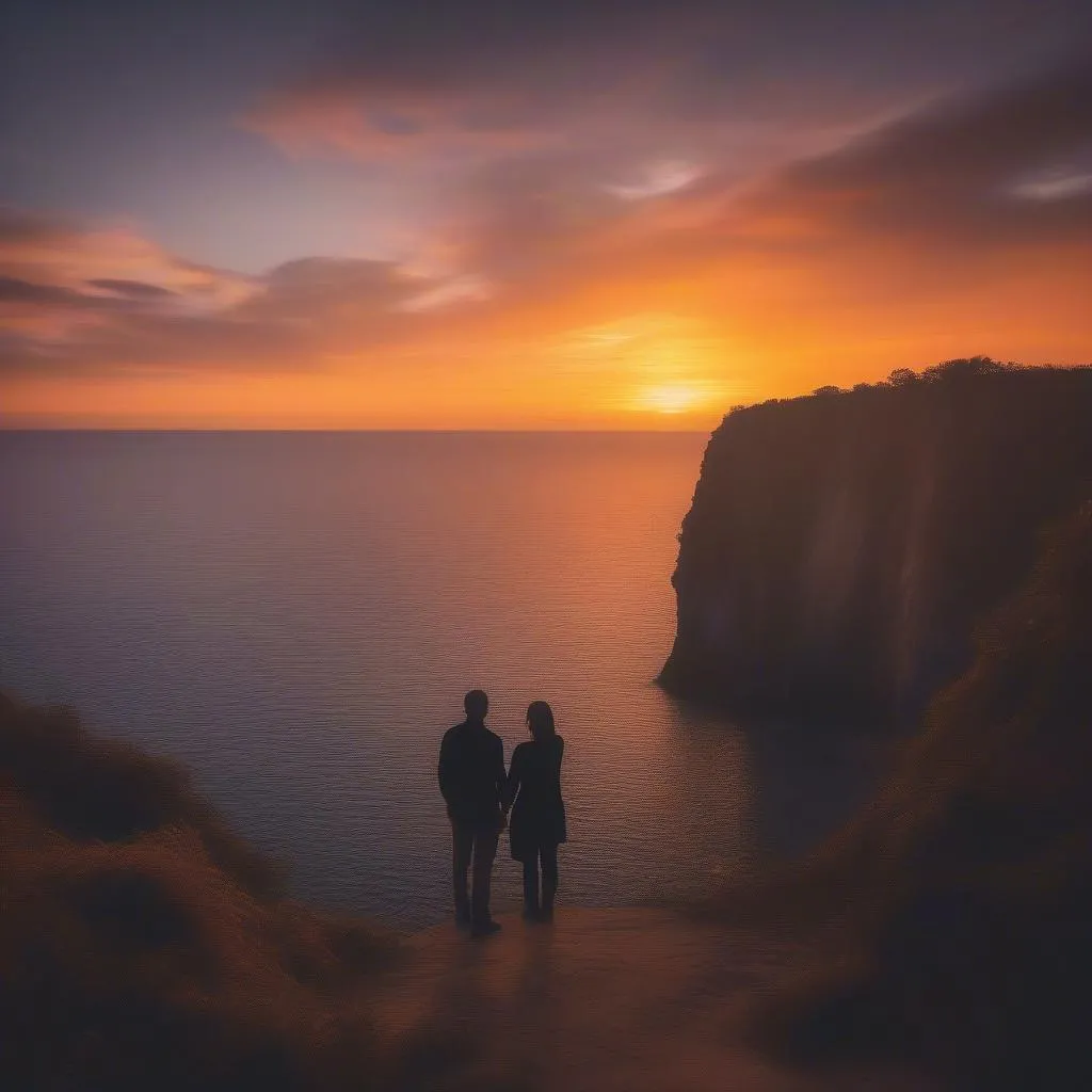 Couple watching the sunset over the ocean