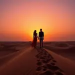 Couple admiring sunset over Sahara Desert