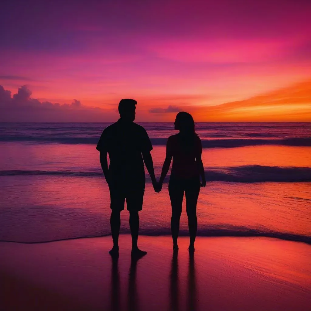 Couple watching sunset in Hawaii