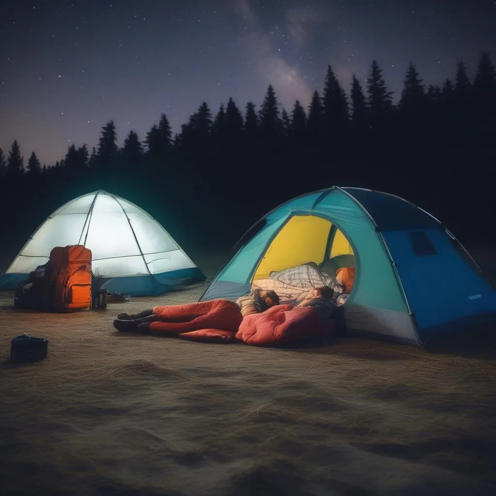 Camping Couple Sleeping On Air Mattress