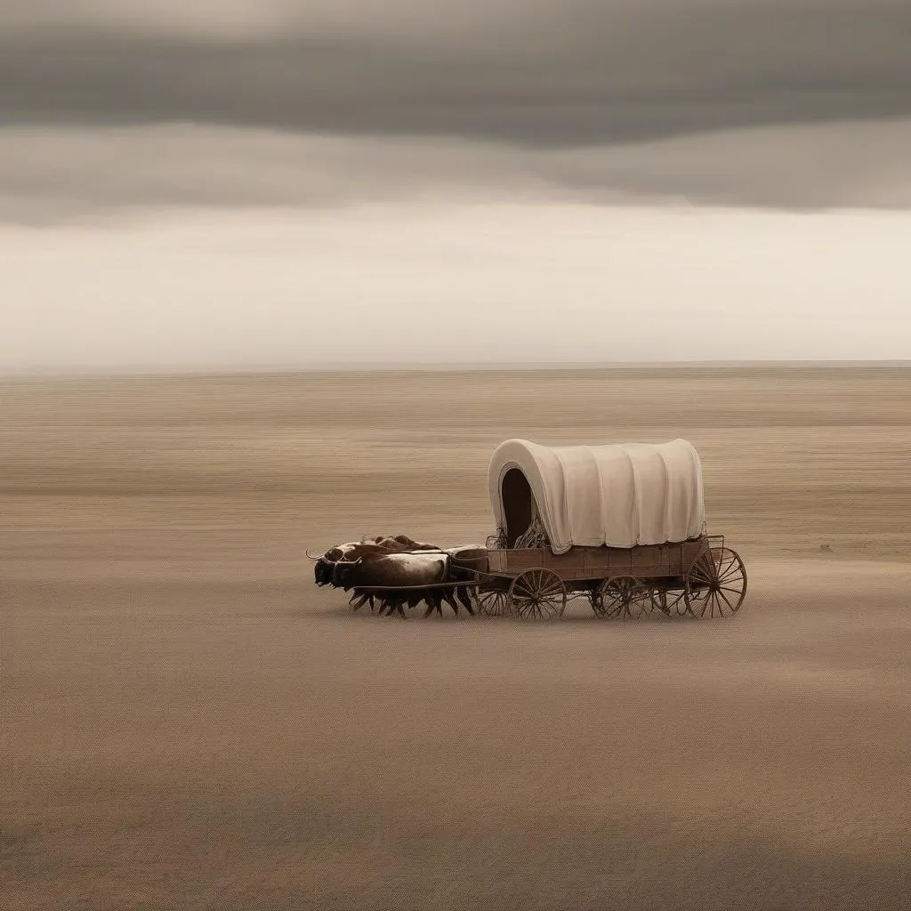 Covered wagon traversing a vast prairie