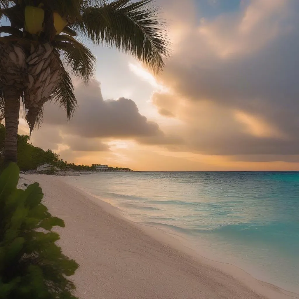 Cozumel beach at sunset with palm trees