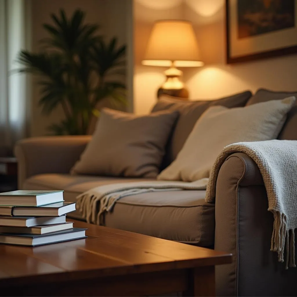 Cozy living room interior with books and blankets