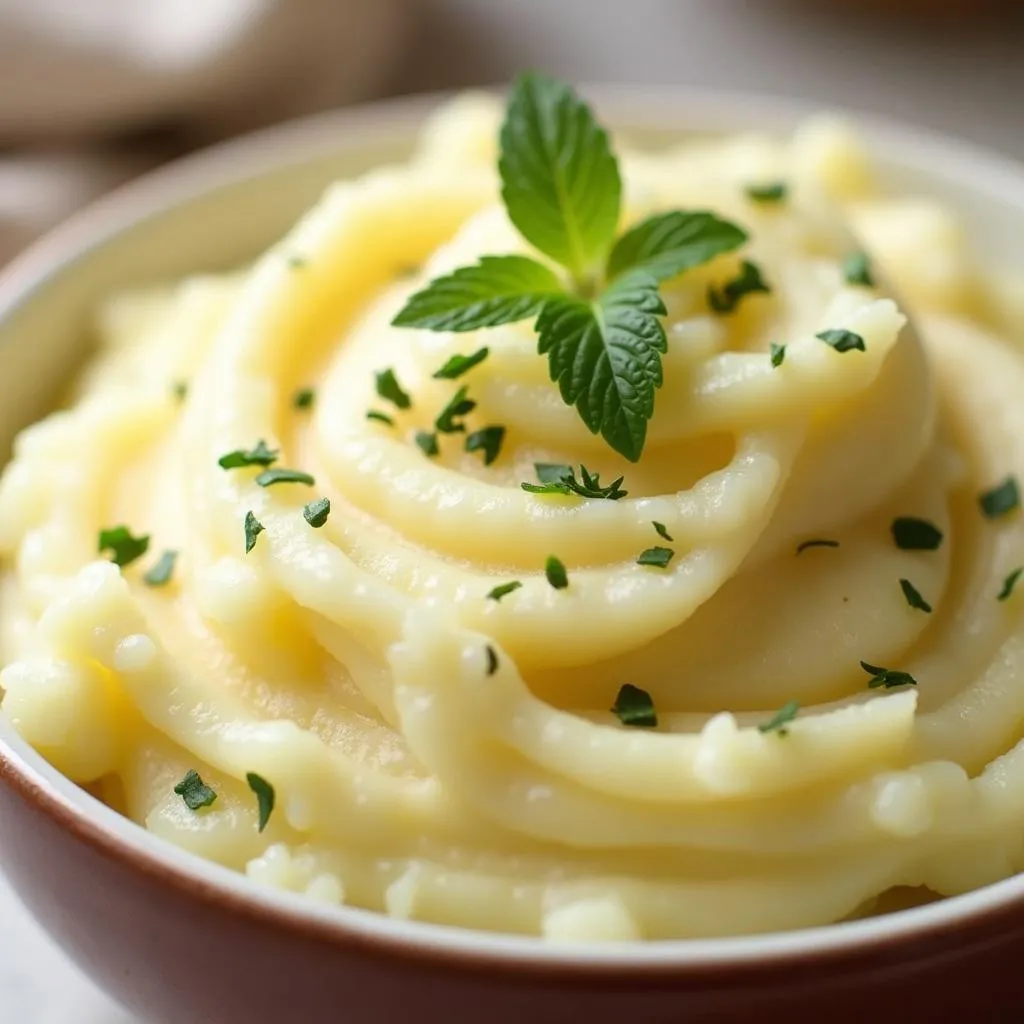 Bowl of creamy mashed potatoes topped with fresh herbs