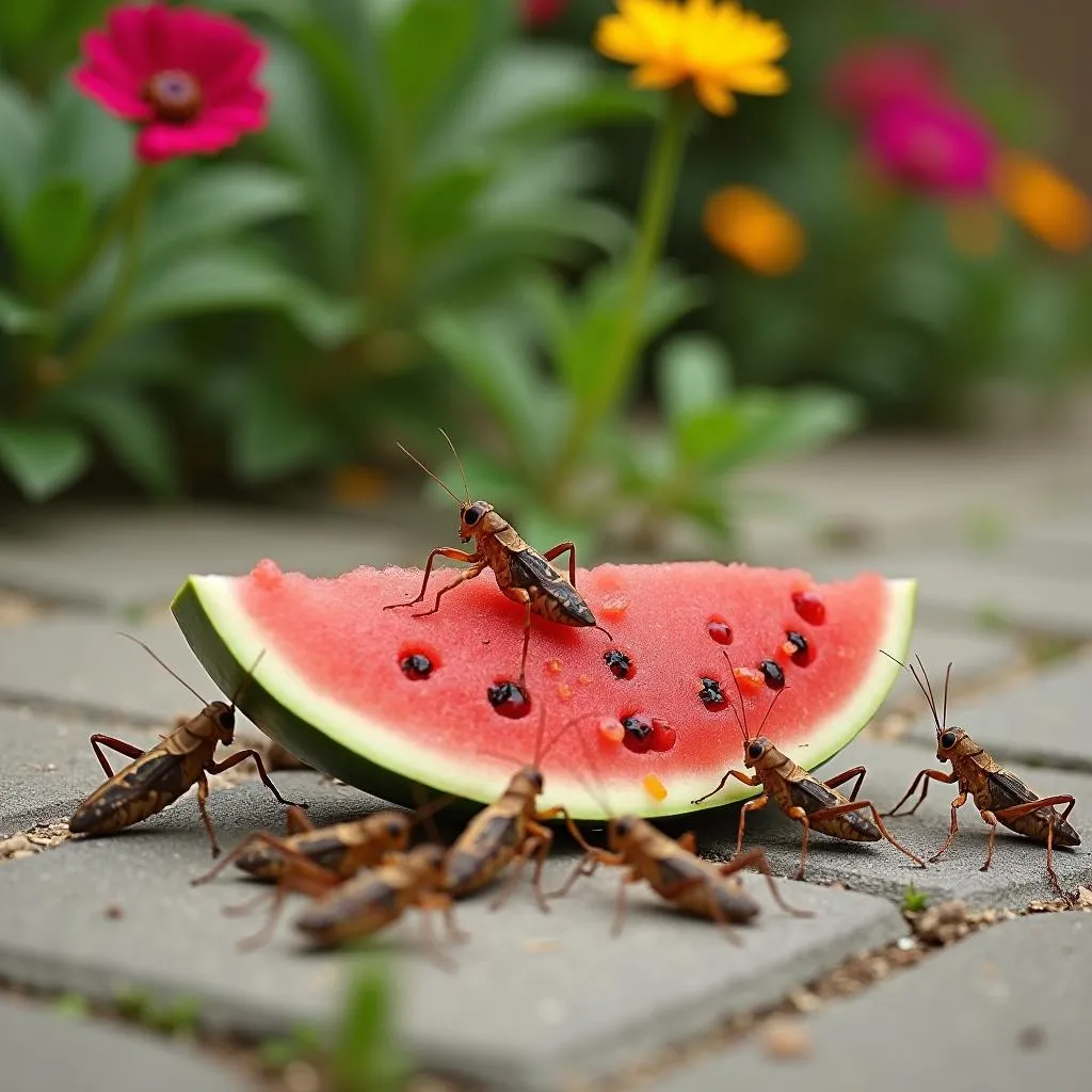 Group of crickets sharing a piece of fruit