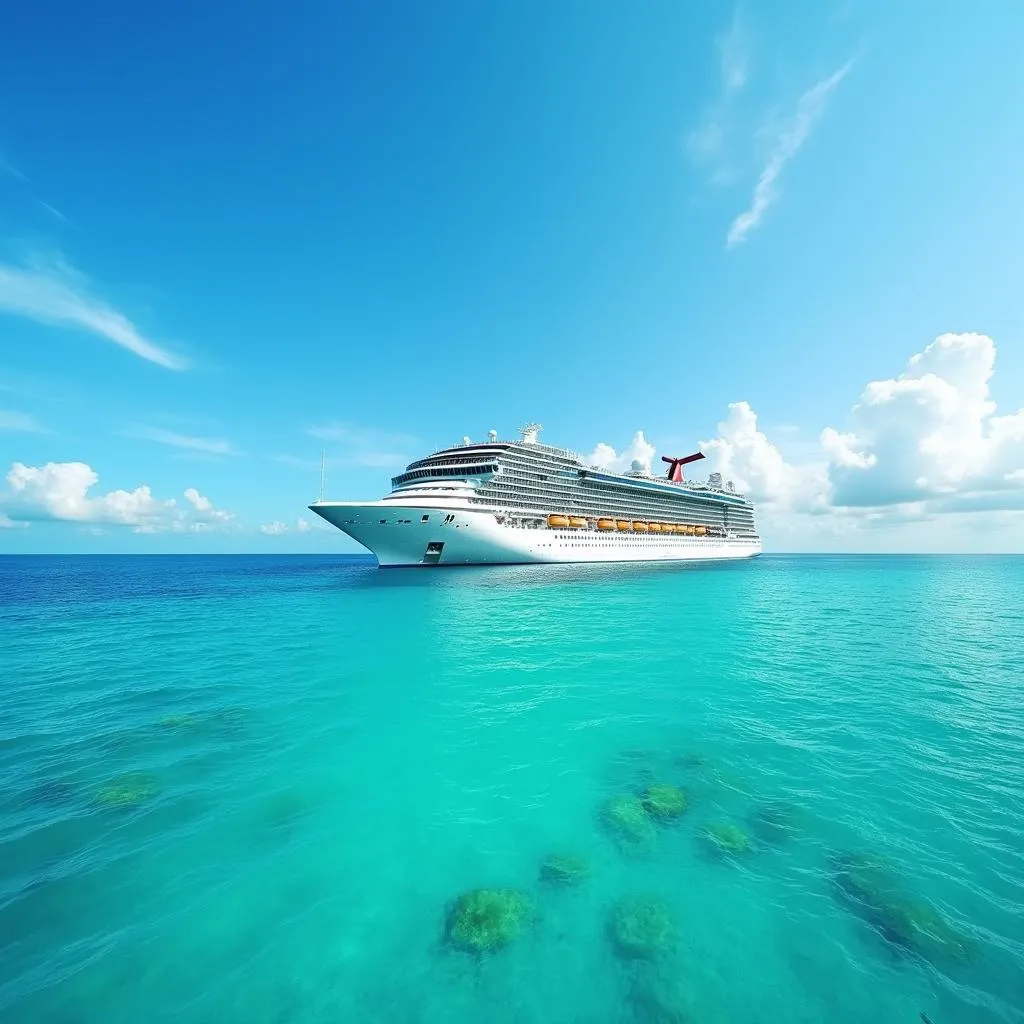 Luxury Cruise Ship sailing on turquoise Caribbean Sea