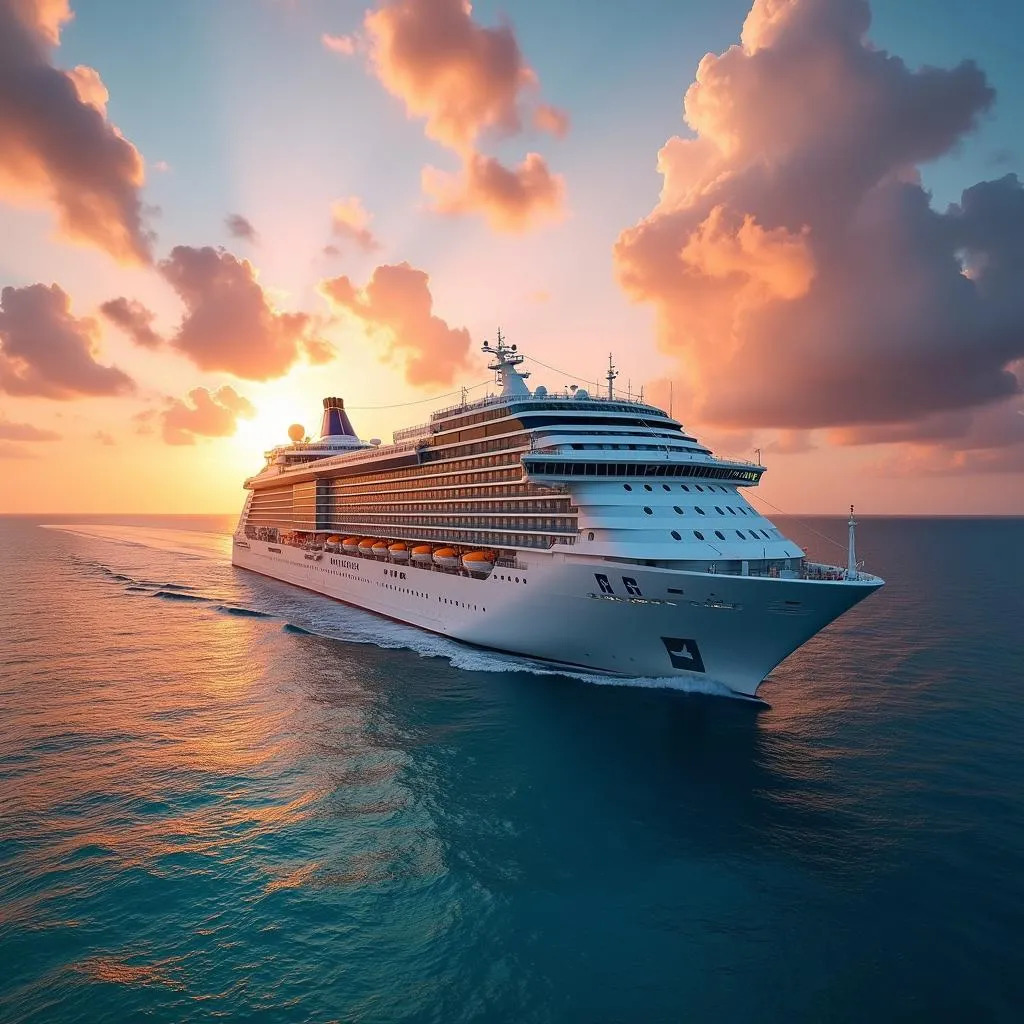 Cruise ship sailing on calm water at sunset