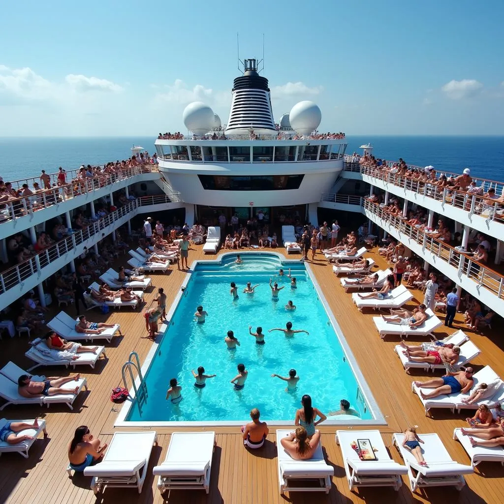 Cruise ship deck with swimming pool and activities