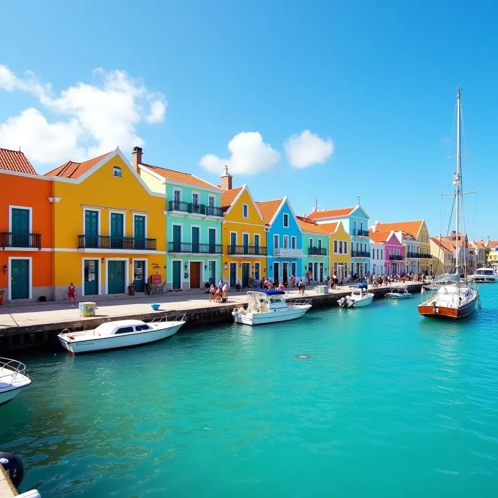 Colorful buildings along the Handelskade waterfront in Willemstad, Curacao