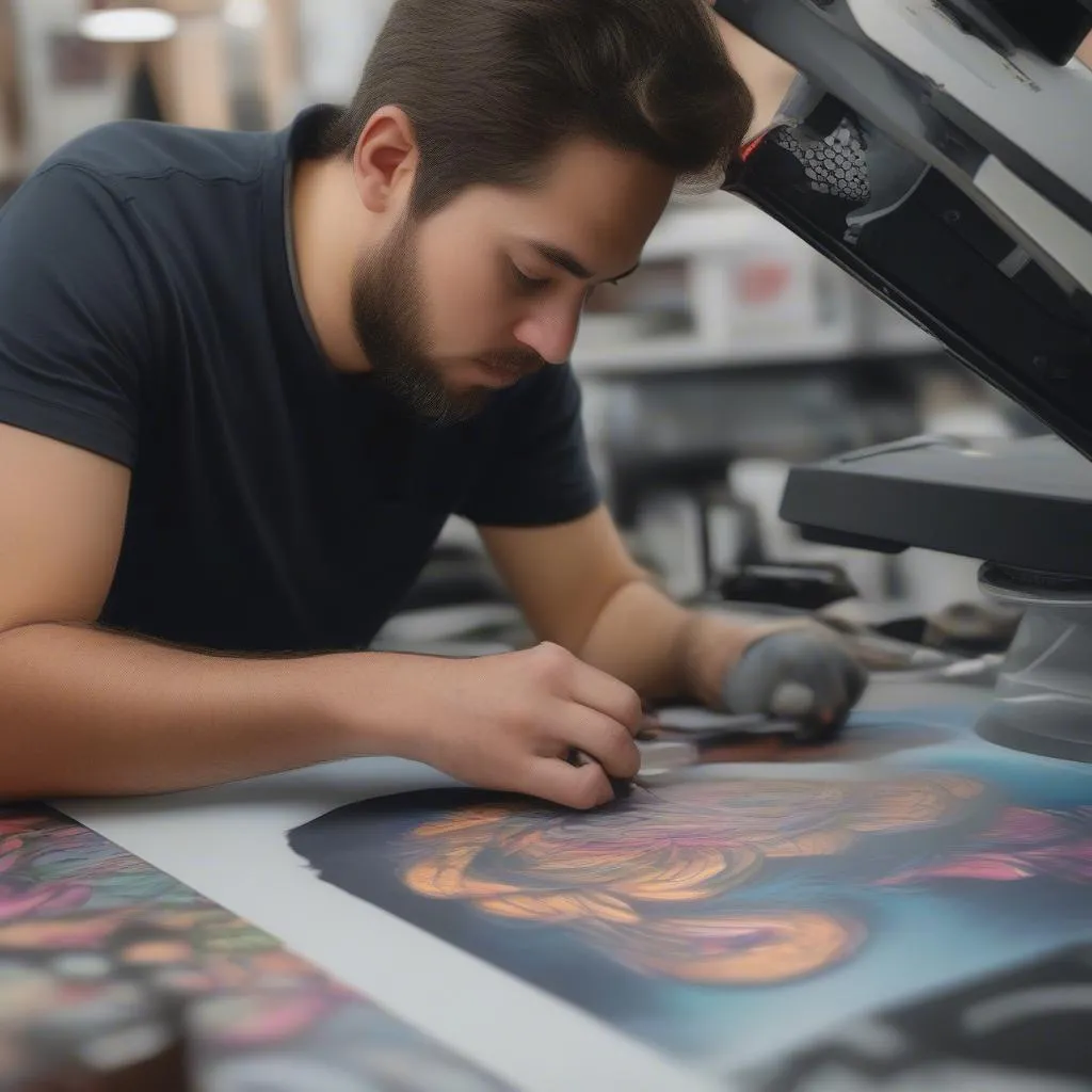 A graphic designer working on a custom decal design at a printing shop