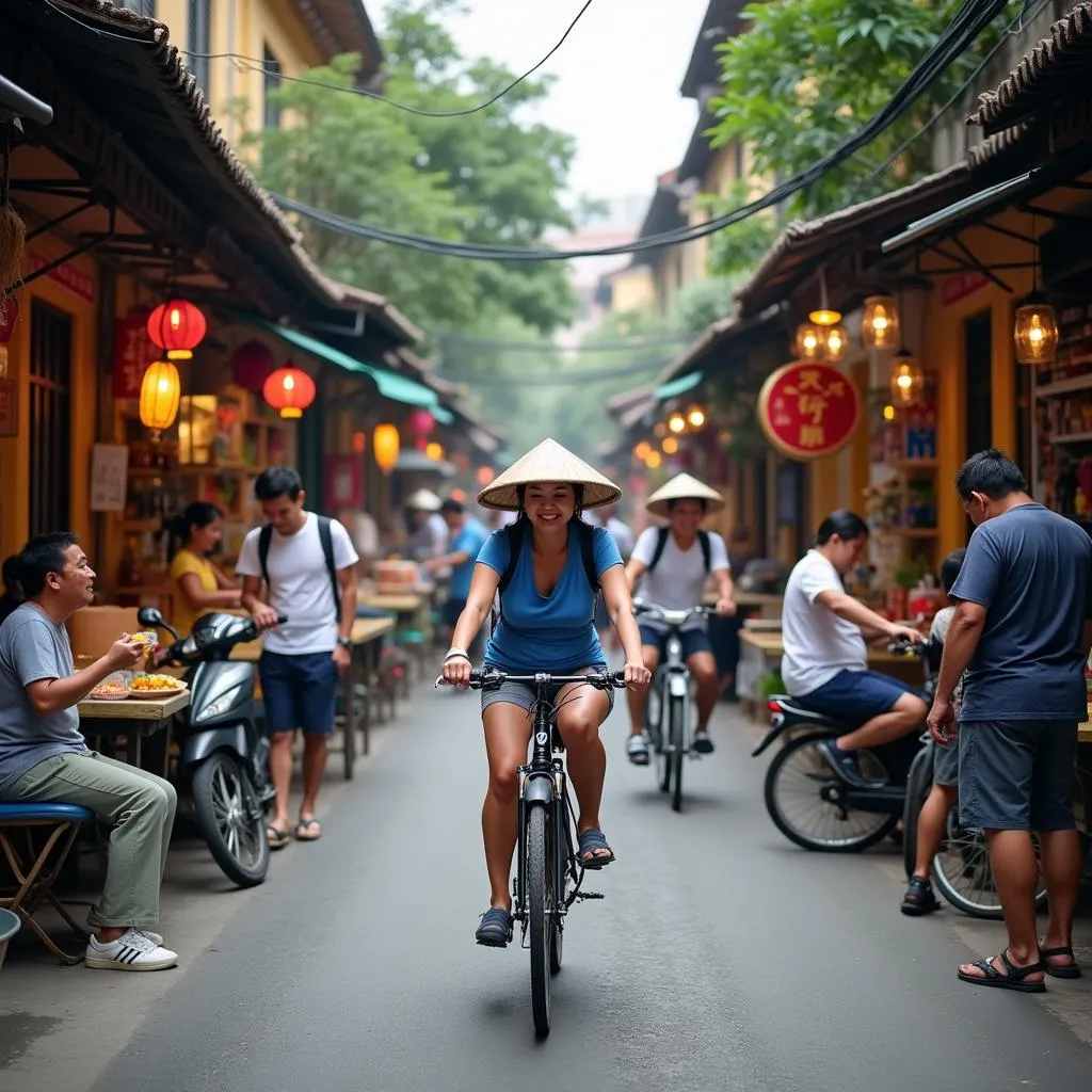 A cyclist navigates the charming streets of Hanoi's Old Quarter, with traditional houses and vibrant shops in the background.