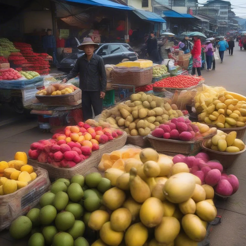 Vietnamese fruit vendor selling fresh produce in a bustling market