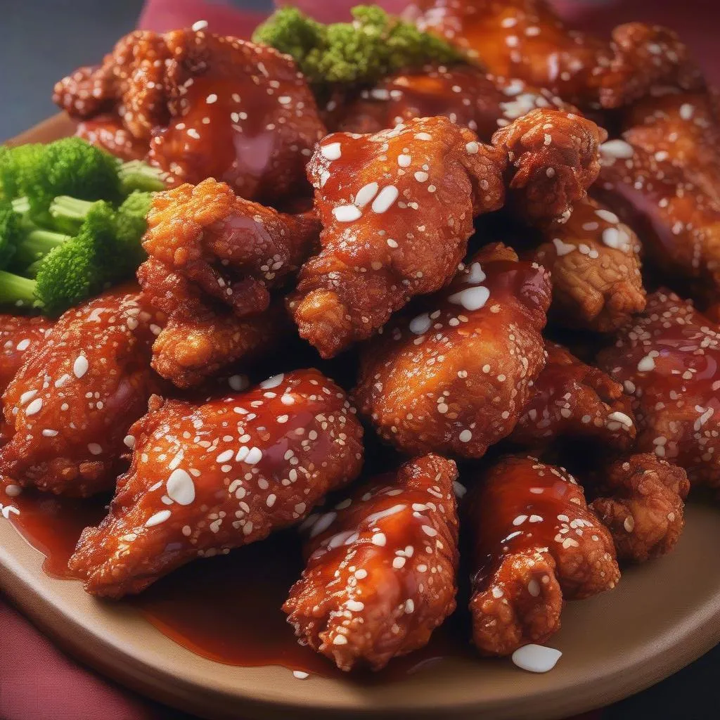 Dakgangjeong: Korean fried chicken pieces generously coated in a vibrant red, spicy honey glaze.