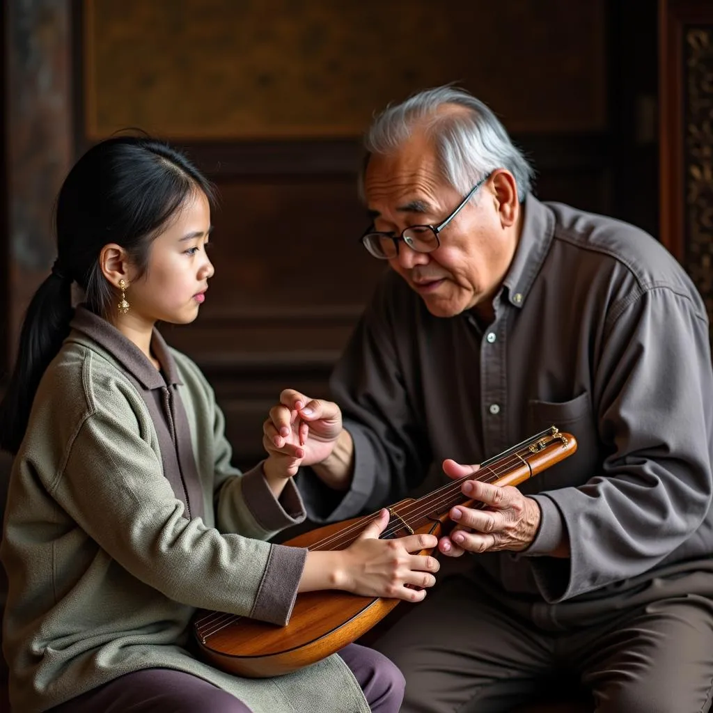 A student intently learning the Dan Bau from an experienced teacher in a traditional Vietnamese home.