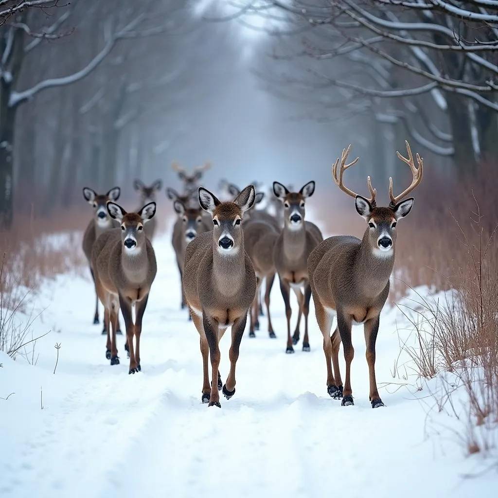 Deer migrating in winter