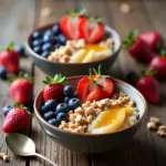 Oatmeal bowls topped with fresh fruit and nuts