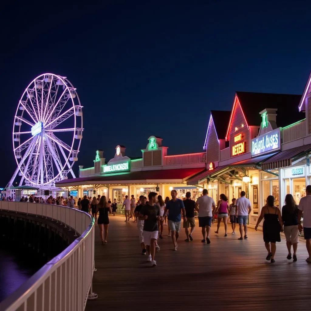 Destin Harborwalk at night with vibrant lights