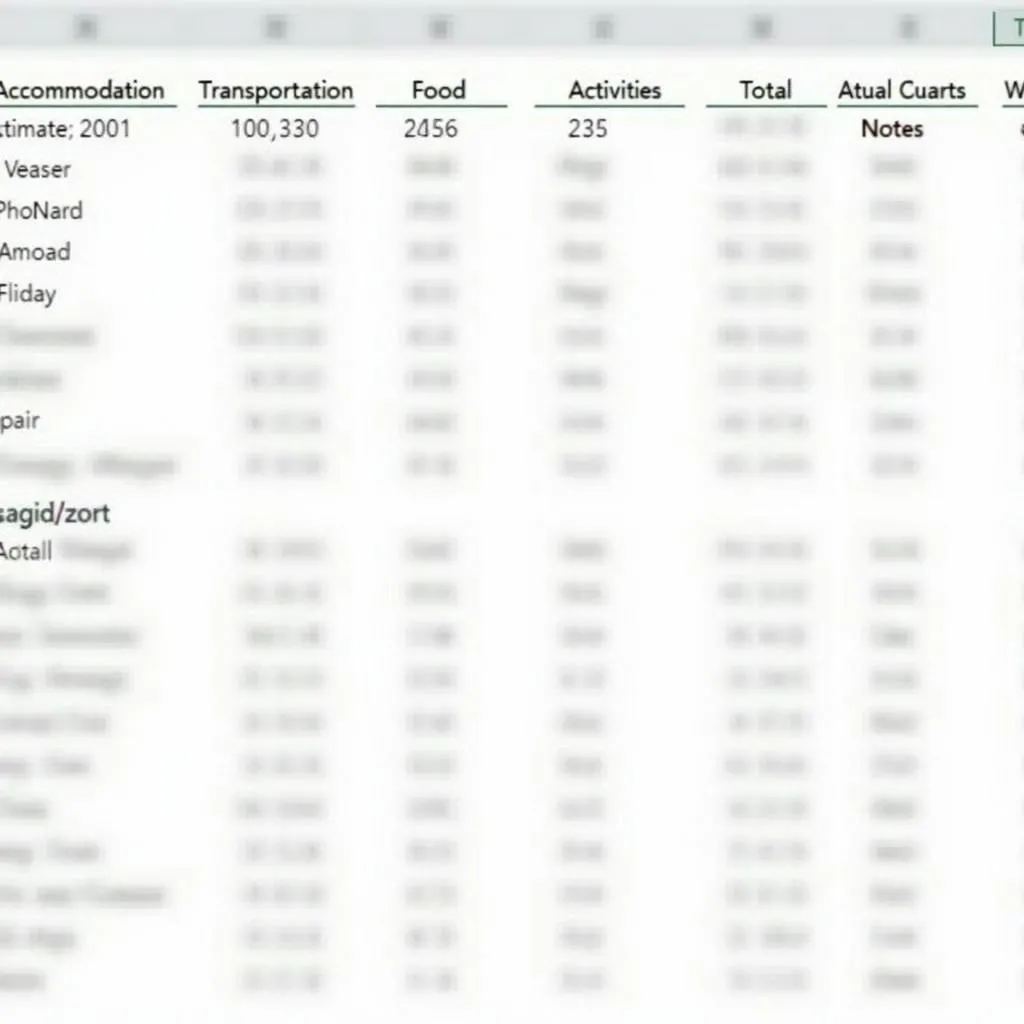 A spreadsheet showcasing a detailed travel budget breakdown