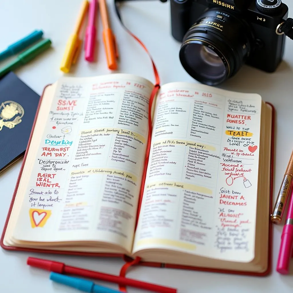 Open notebook with handwritten itinerary, colorful pens, and passport