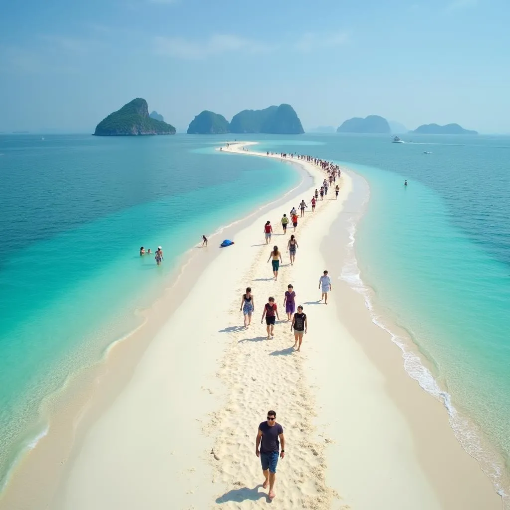 Tourists walking on the Moses Path at Diep Son Island