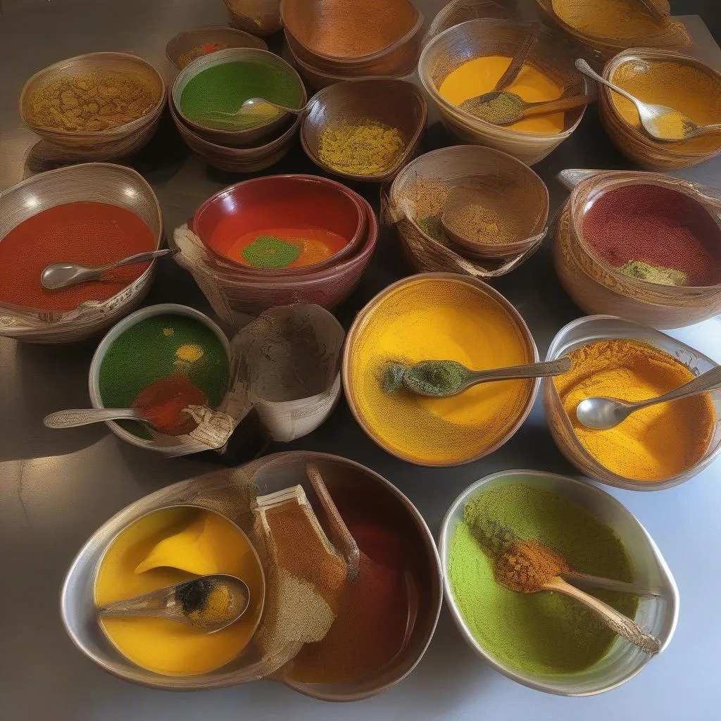 Assortment of colorful curry pastes in small bowls with spoons