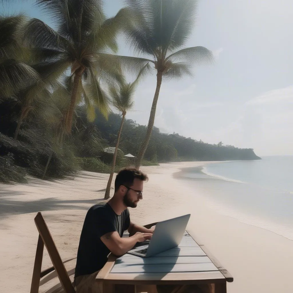 Digital Nomad Working on a Beach