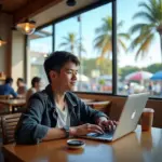 Digital nomad working in a cafe