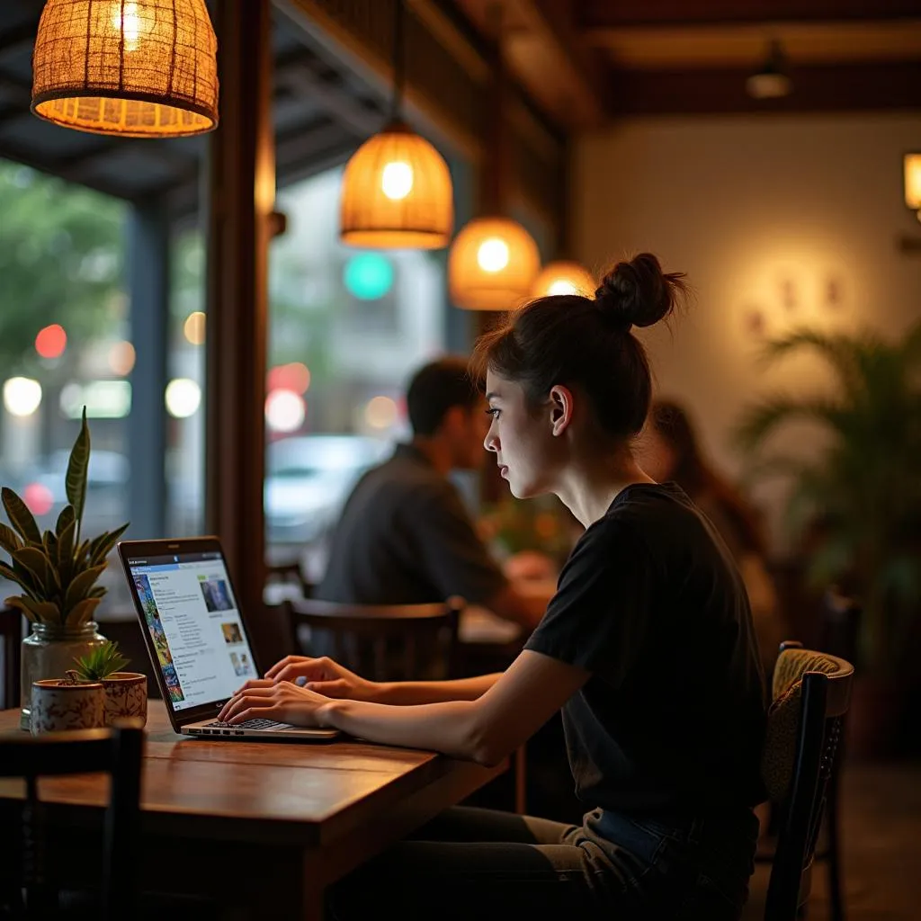 Digital nomad working in a Hanoi cafe