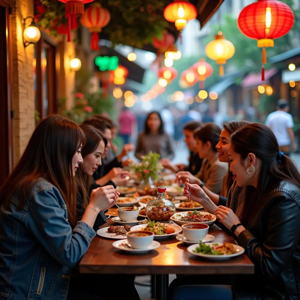 Tourists enjoying &quot;thịt luộc chấm tương hột&quot; at a local restaurant in Hanoi's Old Quarter