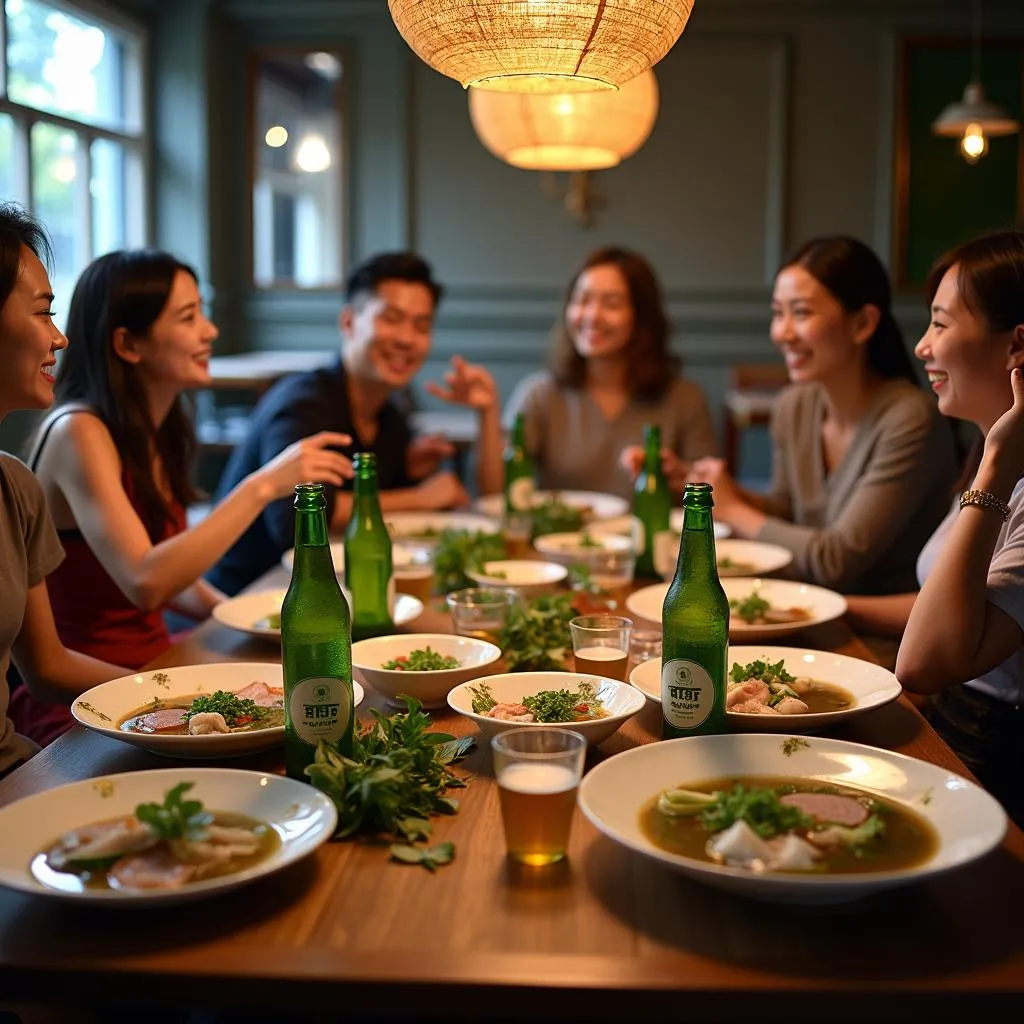 A group of friends enjoying Bun Cha in Hanoi