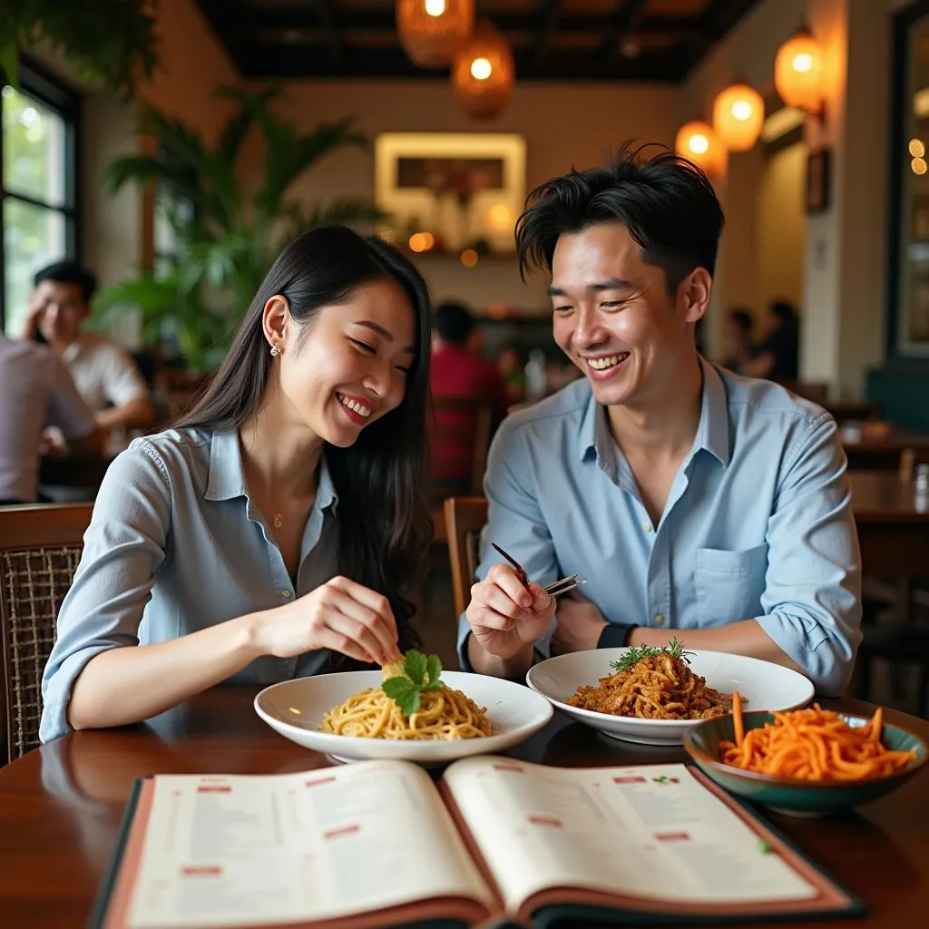 Couple enjoying a meal at a restaurant in Hanoi with diabetic-friendly choices clearly marked on the menu