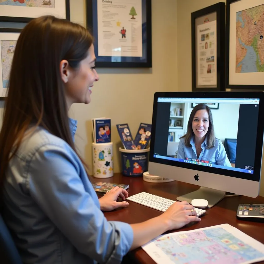 Disney travel agent working at a desk