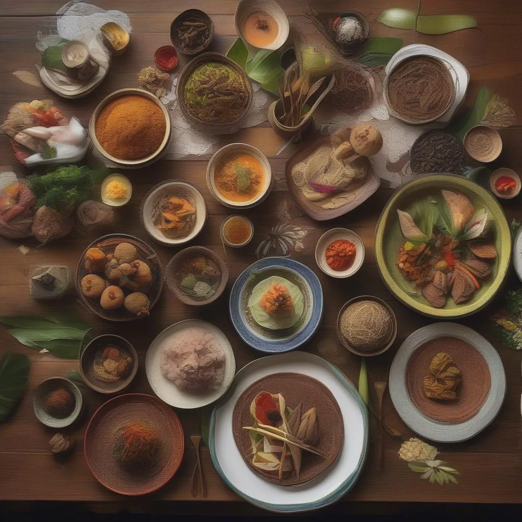 A colorful table setting showcasing an array of exotic dishes from different countries, featuring diverse ingredients and flavors.