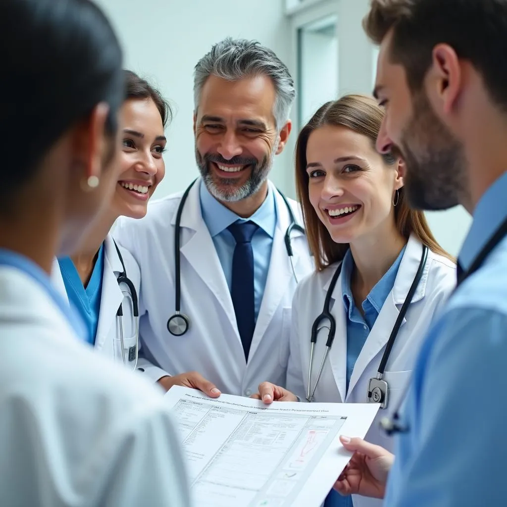 Diverse group of doctors discussing medical charts