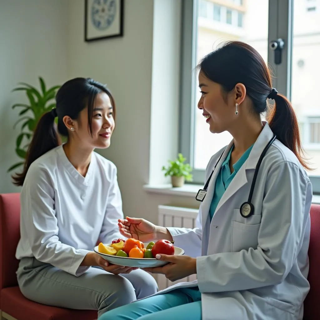 A doctor explains dietary recommendations to a lung cancer patient.