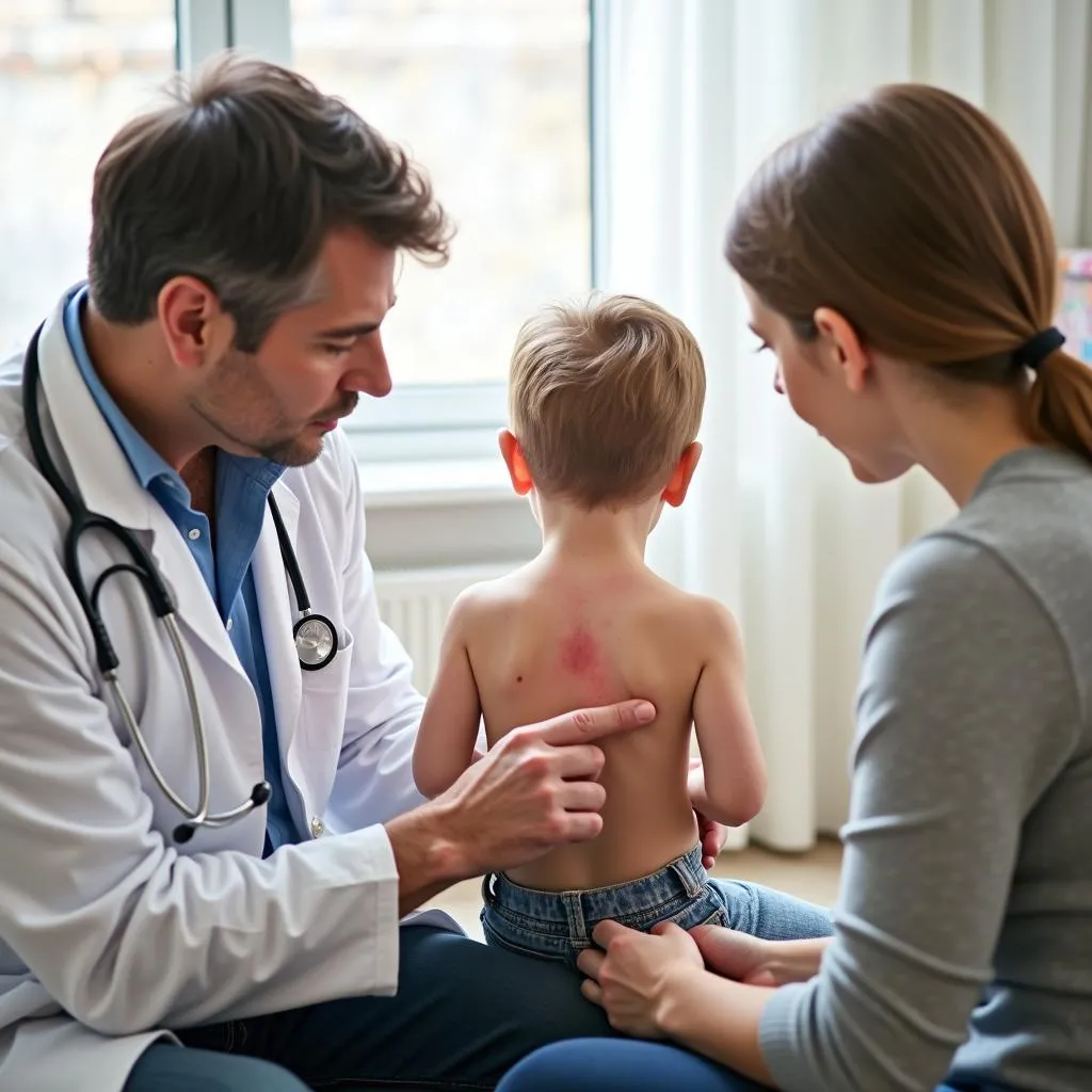 Doctor examining child with hives