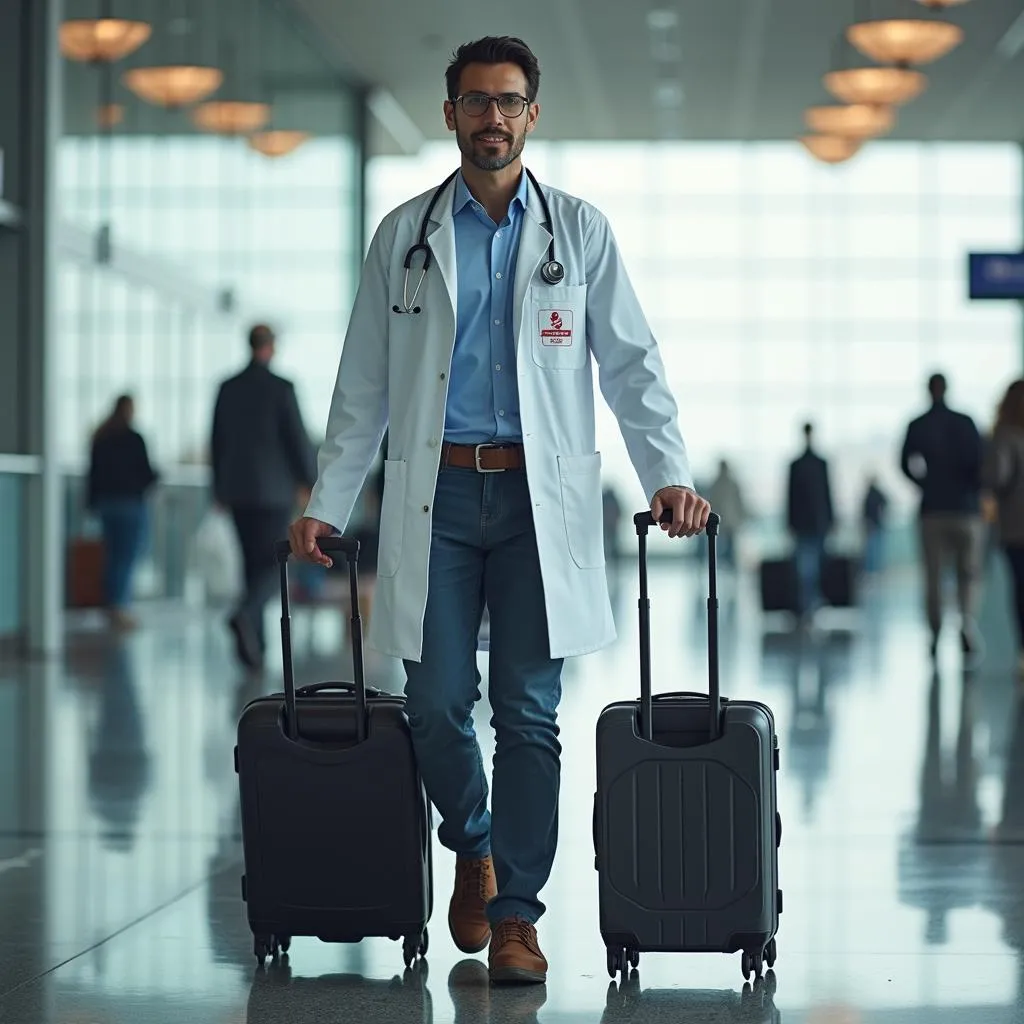 Doctor walking with suitcases in an airport