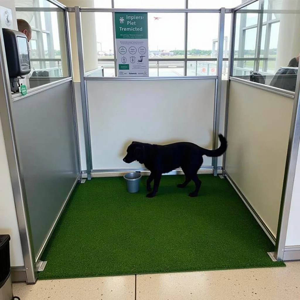 Dog using the pet relief area at an airport.