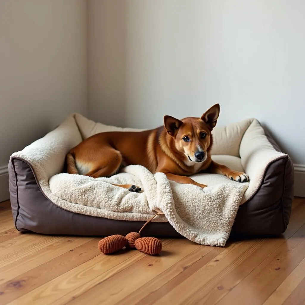 Dog bed with toys and a blanket