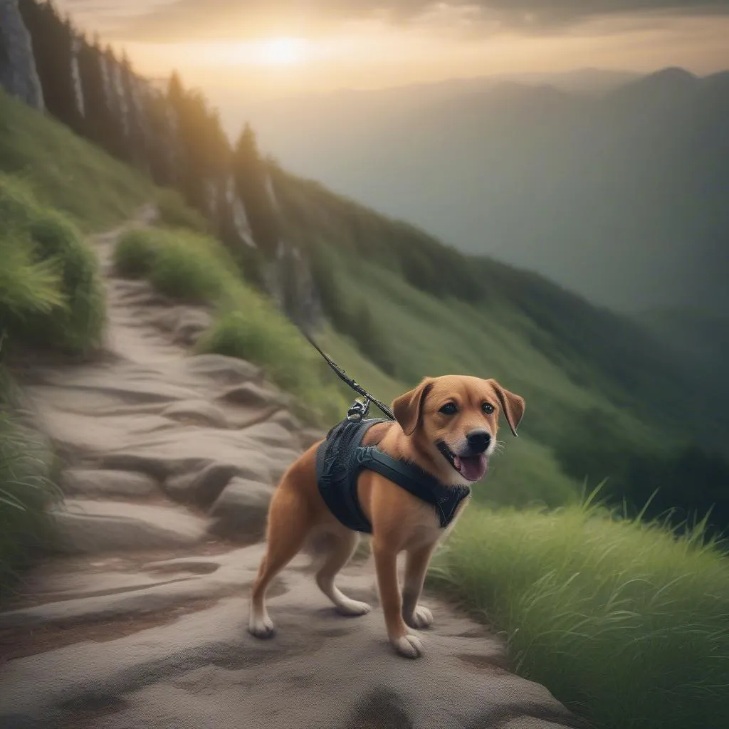 Dog hiking a scenic trail