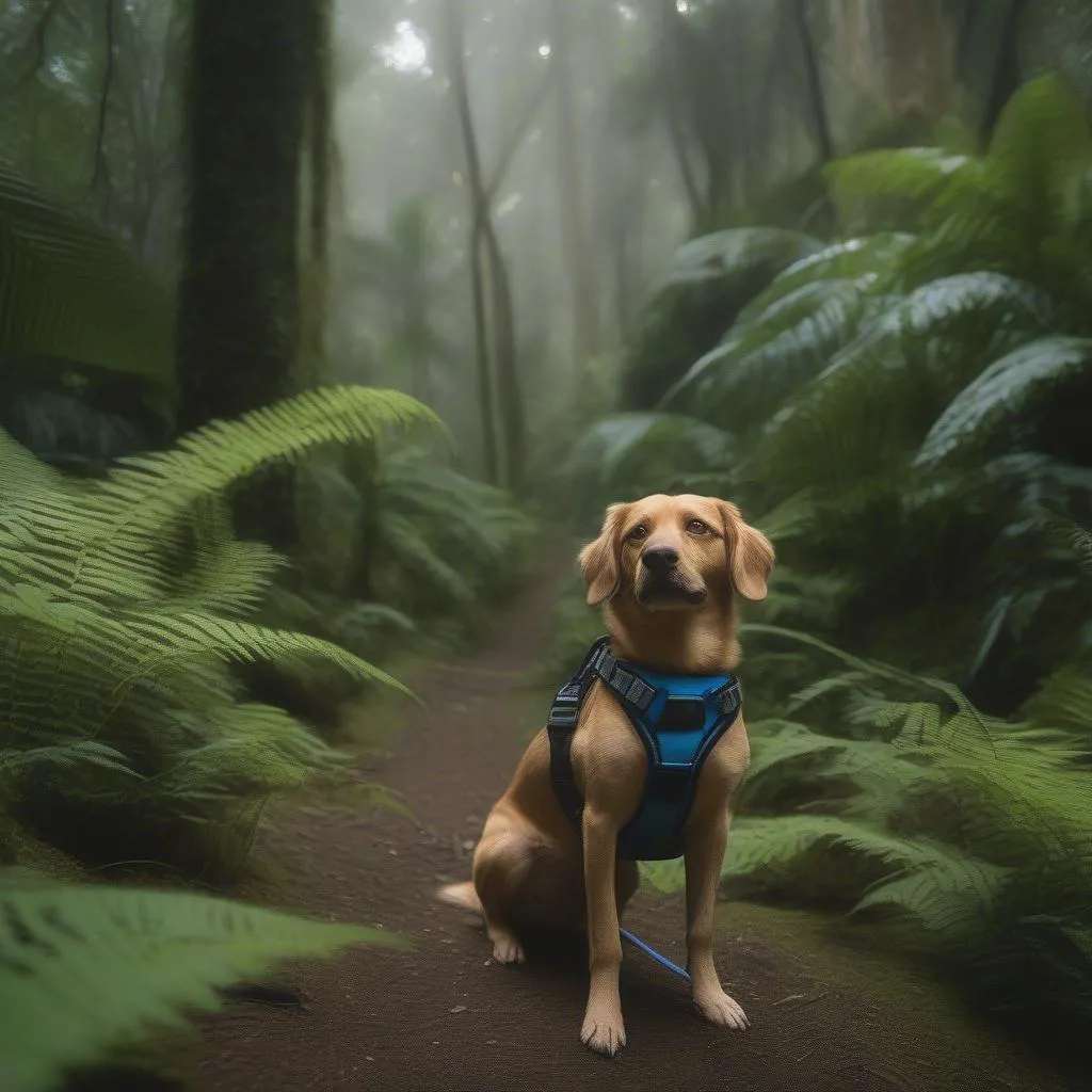 dog hiking through lush rainforest in hawaii