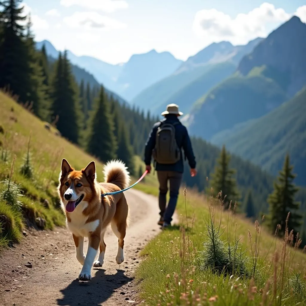 Hiking with a dog on a scenic mountain trail